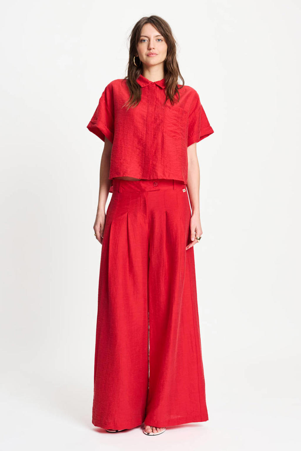 Rode dames POM Amsterdam wide leg high waist broek van lyocell met knoopsluiting en effen
