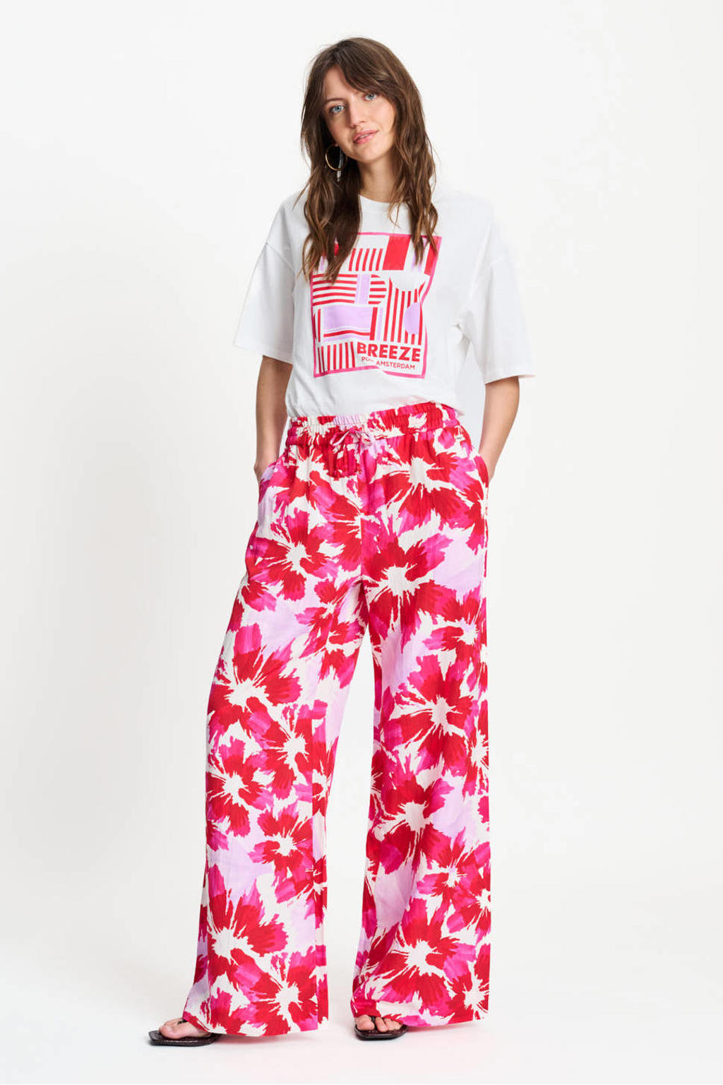 Multikleurige dames POM Amsterdam wide leg high waist gebloemde broek van viscose
