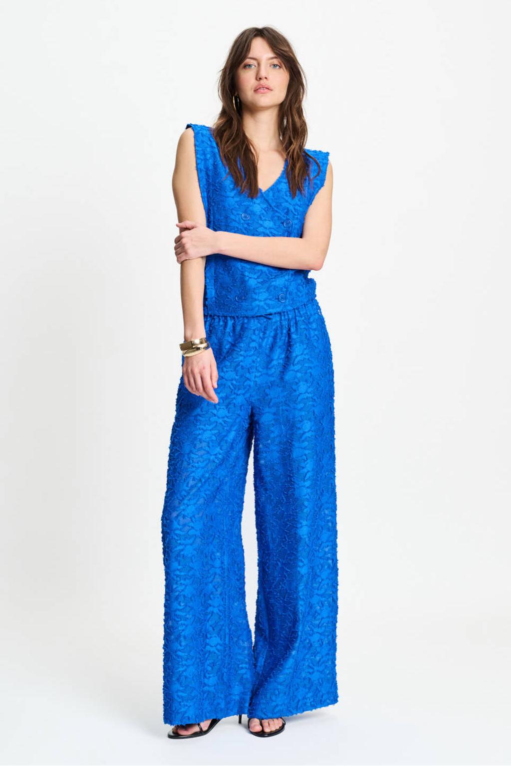 Blauwe dames POM Amsterdam high waist broek van polyester met loose fit, elastische tailleband met koord en effen