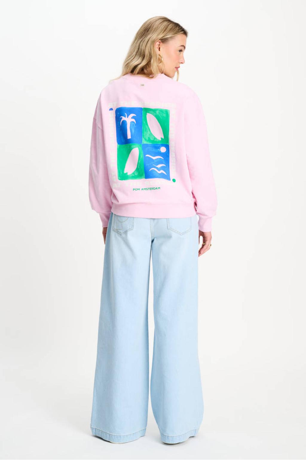 Lichtroze dames POM Amsterdam sweater van katoen met lange mouwen, ronde hals en elastische boord
