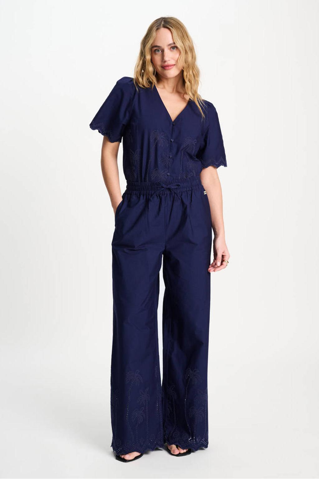 Donkerblauwe dames POM Amsterdam high waist broek broderie van katoen met loose fit, elastische tailleband met koord en effen