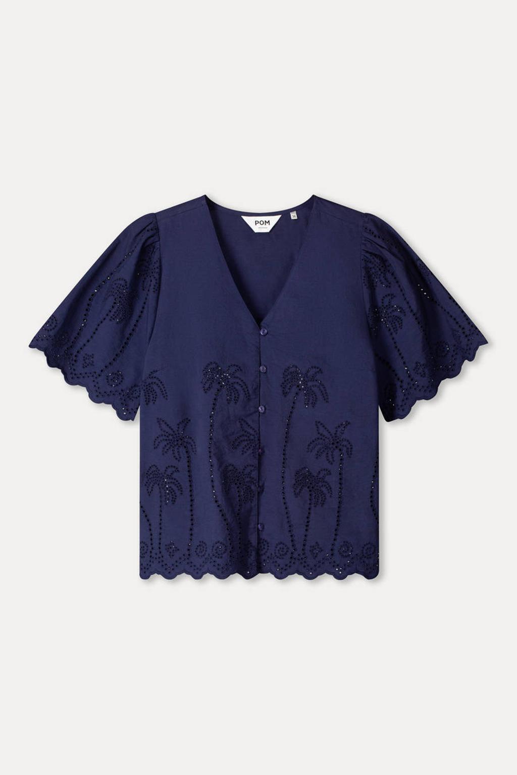 Donkerblauwe dames POM Amsterdam blouse broderie van katoen met effen, korte mouwen, V-hals en knoopsluiting