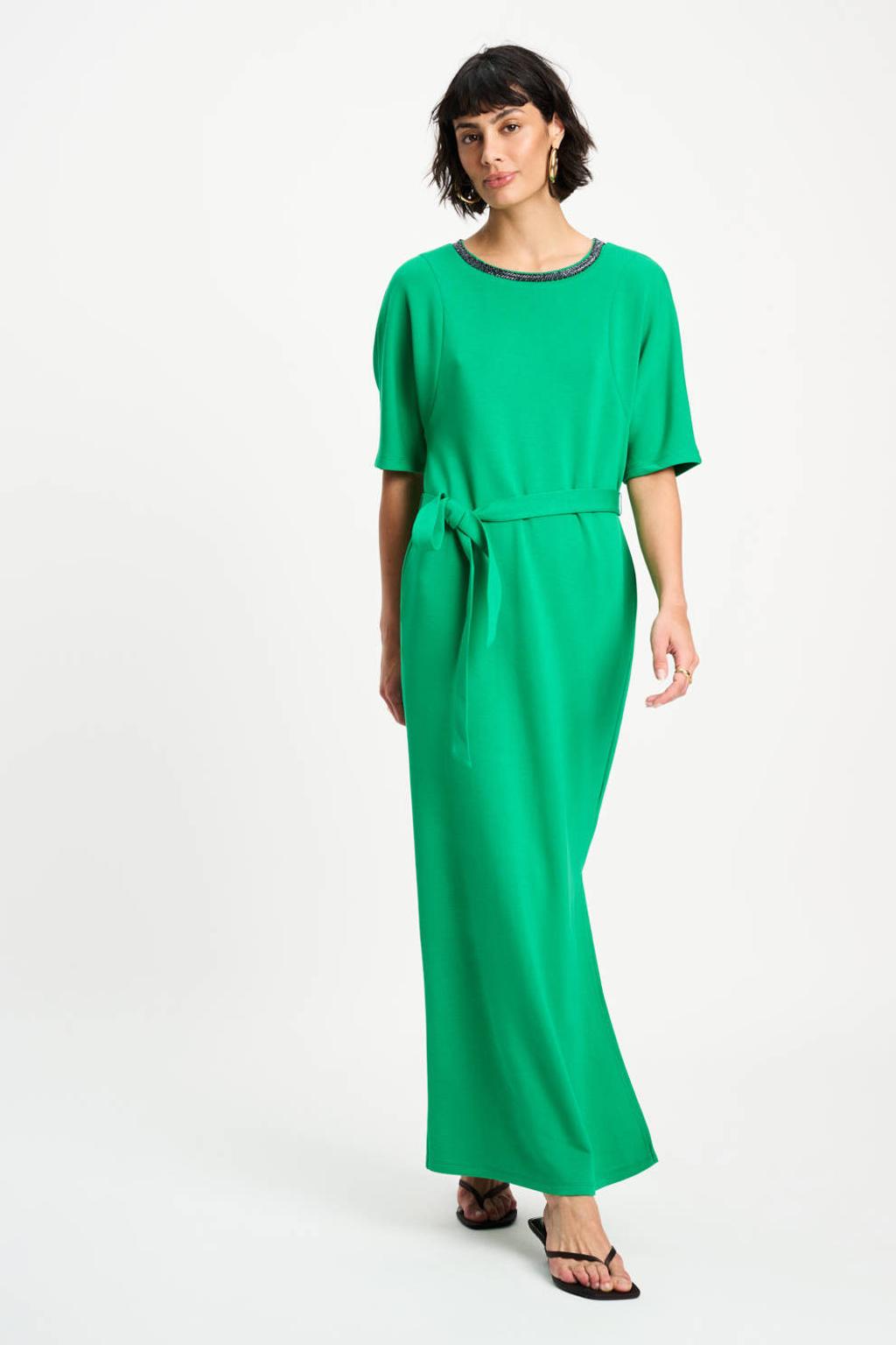 Groene dames POM Amsterdam T-shirtjurk zomerjurk van viscose met effen, korte mouwen en ronde hals