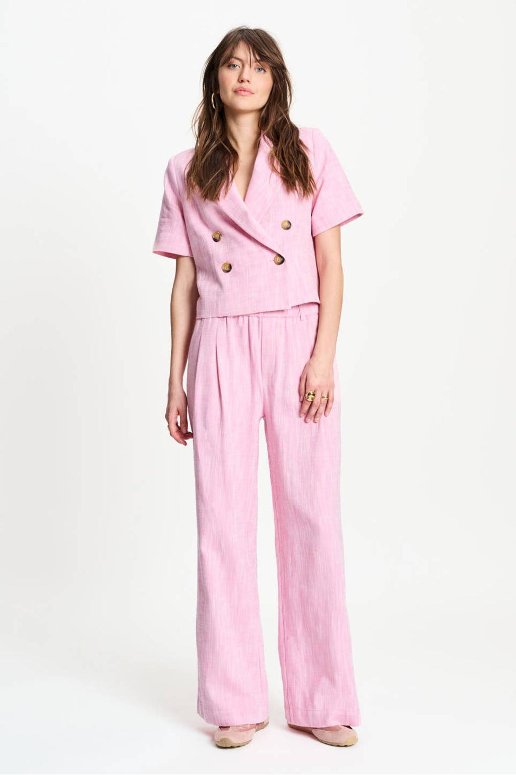 Roze dames POM Amsterdam high waist broek van katoen met loose fit, rits, haak- en knoopsluiting en effen