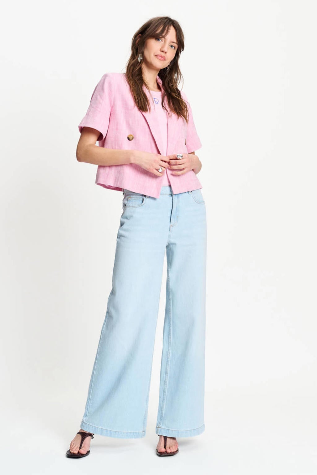 Roze dames POM Amsterdam cropped blazer van katoen met effen, lange mouwen, reverskraag en knoopsluiting