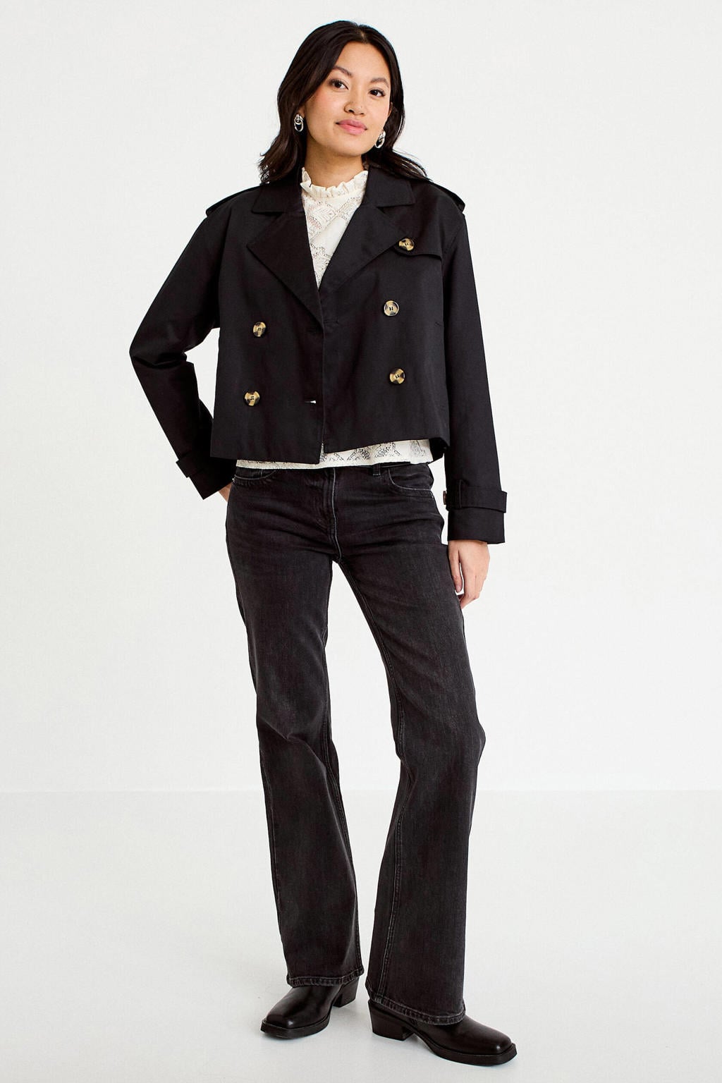 Zwarte dames Cache Cache trenchcoat van katoen met effen, lange mouwen, button down sluiting en sierknopen