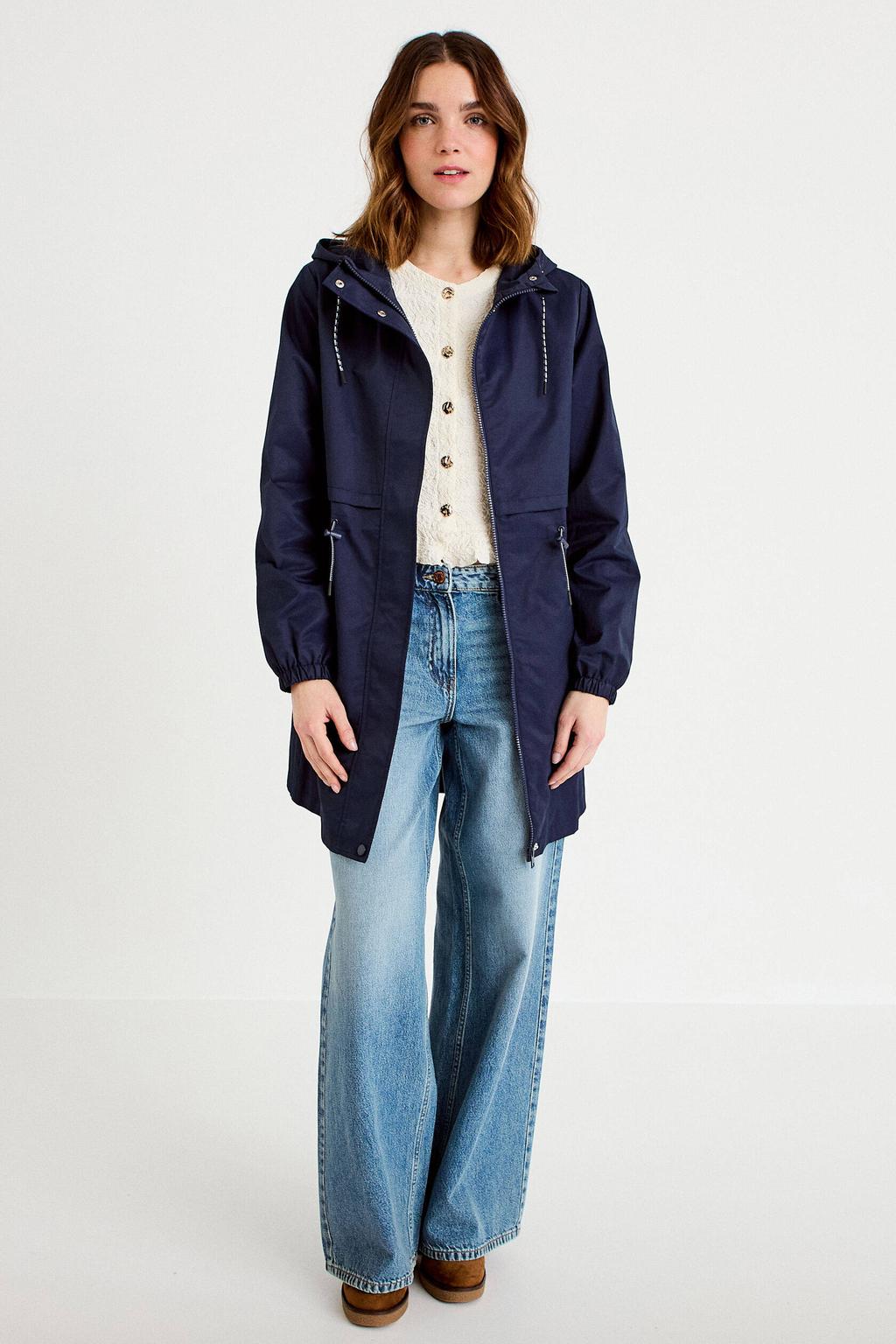 Marineblauw dames Cache Cache parka blauw van katoen met effen, lange mouwen, capuchon, blinde ritssluiting en tunnelkoord