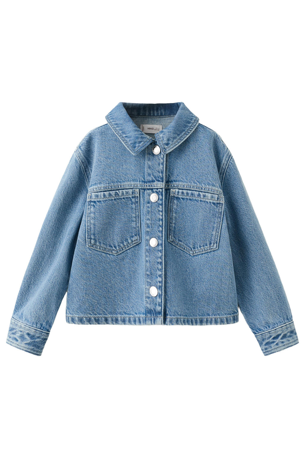 Medium blue denim meisjes Mango Kids spijkerjas van denim met backprint, lange mouwen, klassieke kraag, knoopsluiting en borduursels