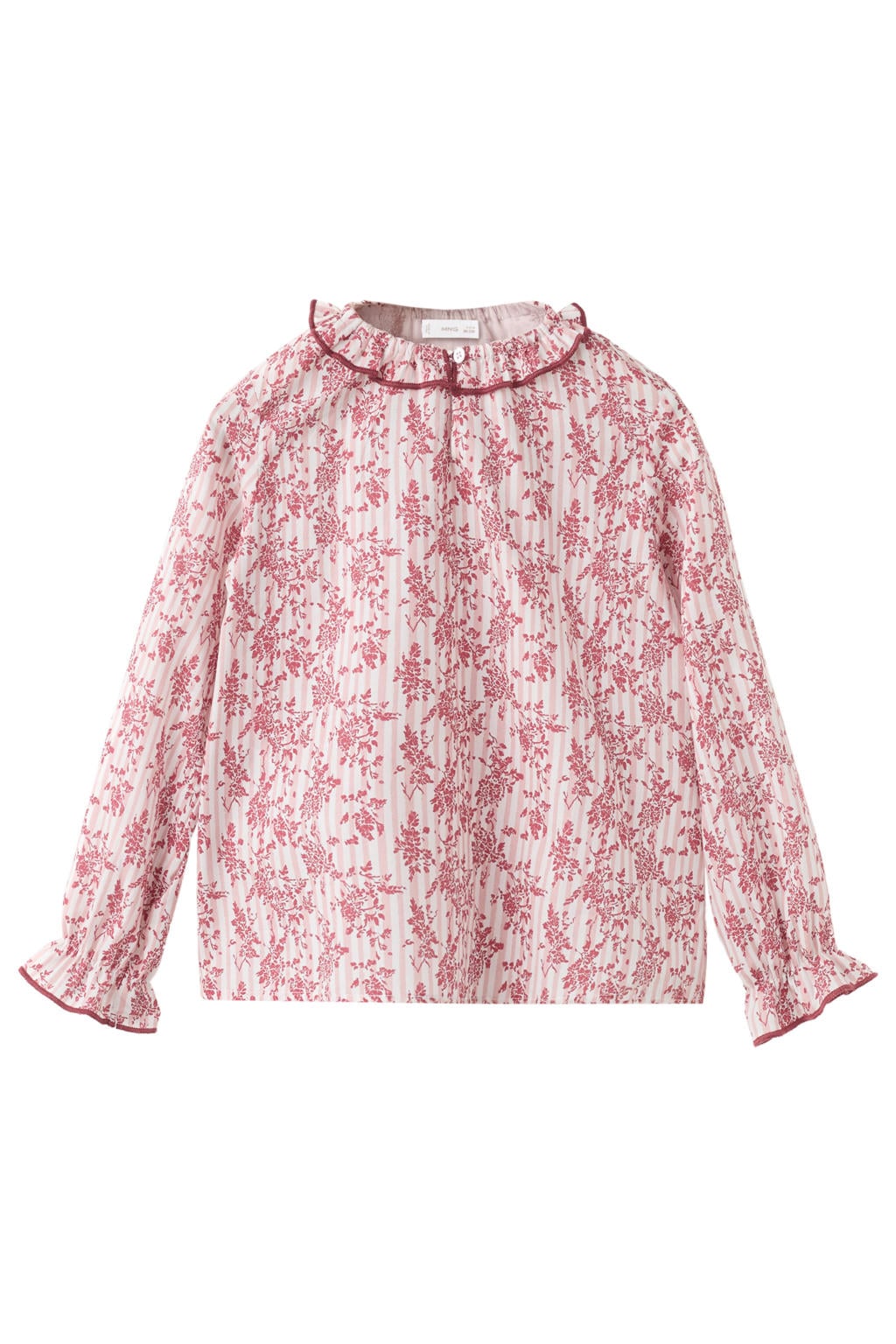 Roze, wit en rode meisjes Mango Kids gestreepte gebloemde blousetop van katoen met lange mouwen, ronde hals en contrast stiksels