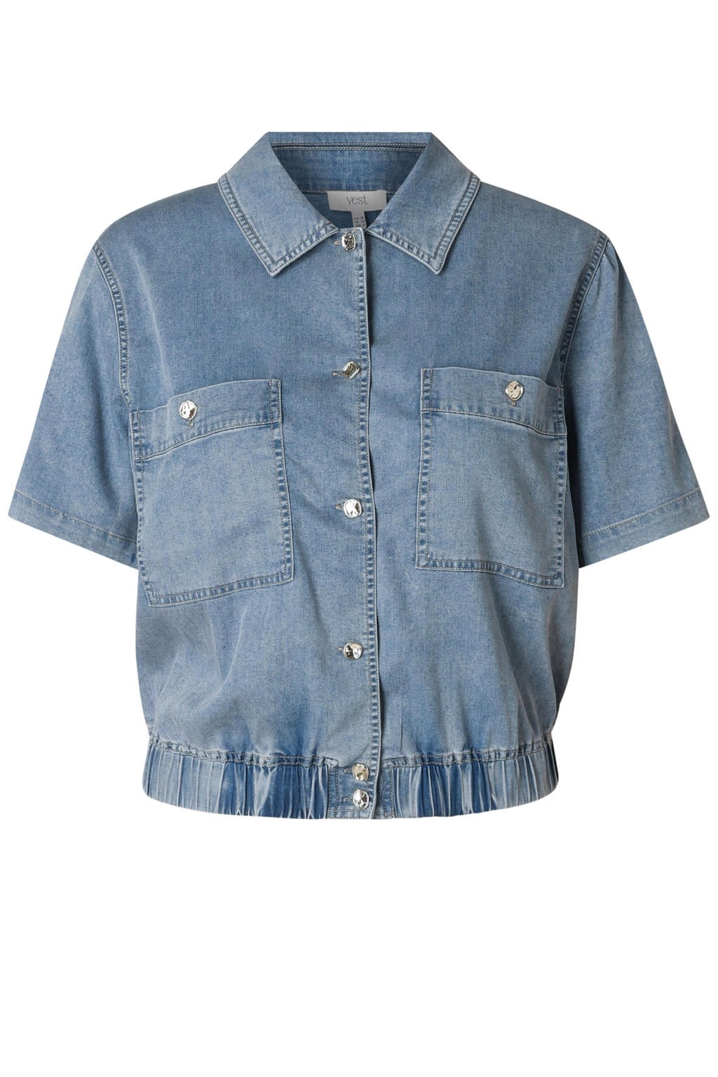 Blauwe dames Yest blouse van lyocell met effen, korte mouwen, klassieke kraag, knoopsluiting en elastische boord