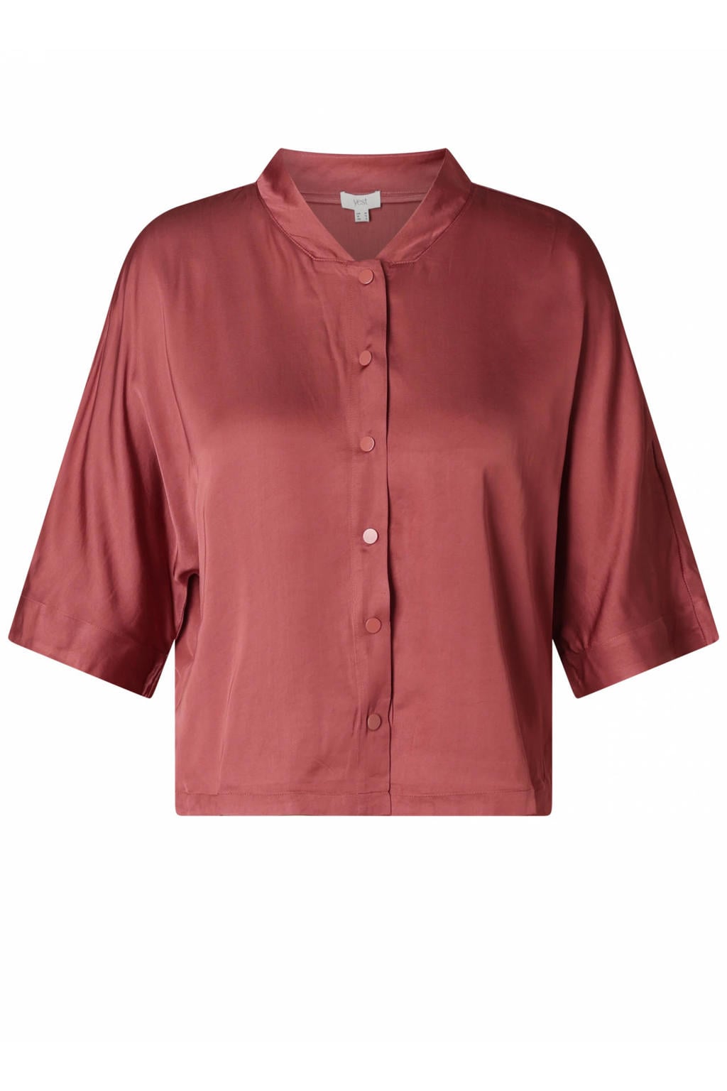 Oudroze dames Yest blouse van viscose met effen, driekwart mouwen, opstaande kraag en knoopsluiting