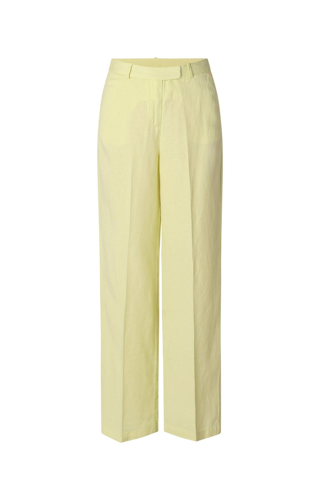Lichtgele dames Yest wide leg regular waist broek van linnen met rits, haak- en knoopsluiting en effen