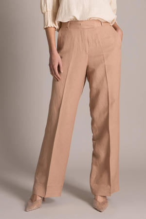wide leg regular waist broek met linnen beige
