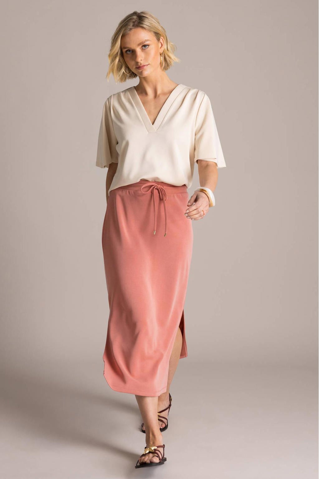 Oudroze dames Yest midi rok voorzien van elastische tailleband met koord