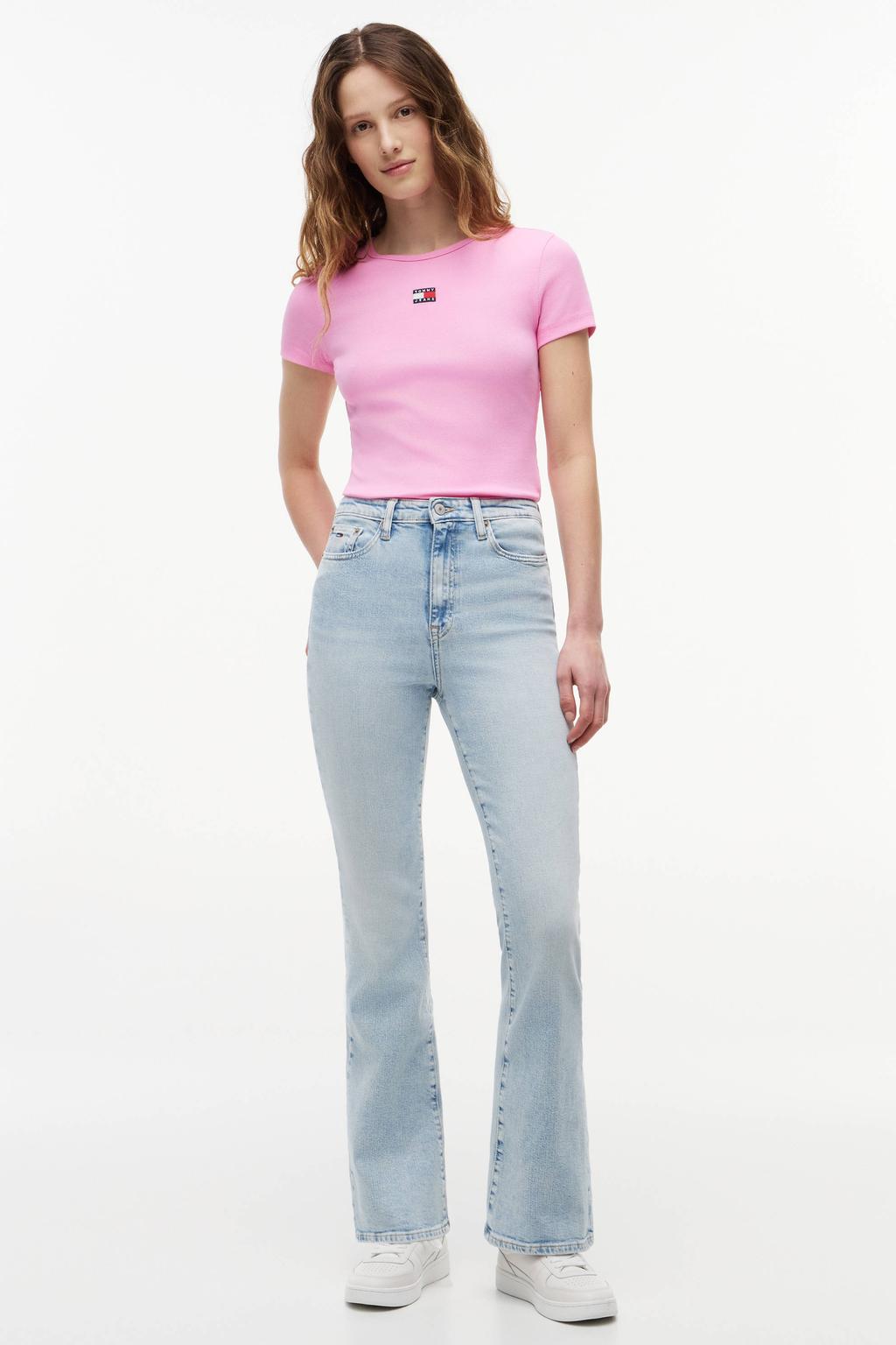Roze dames Tommy Jeans T-shirt van stretchkatoen met logo dessin, korte mouwen en ronde hals