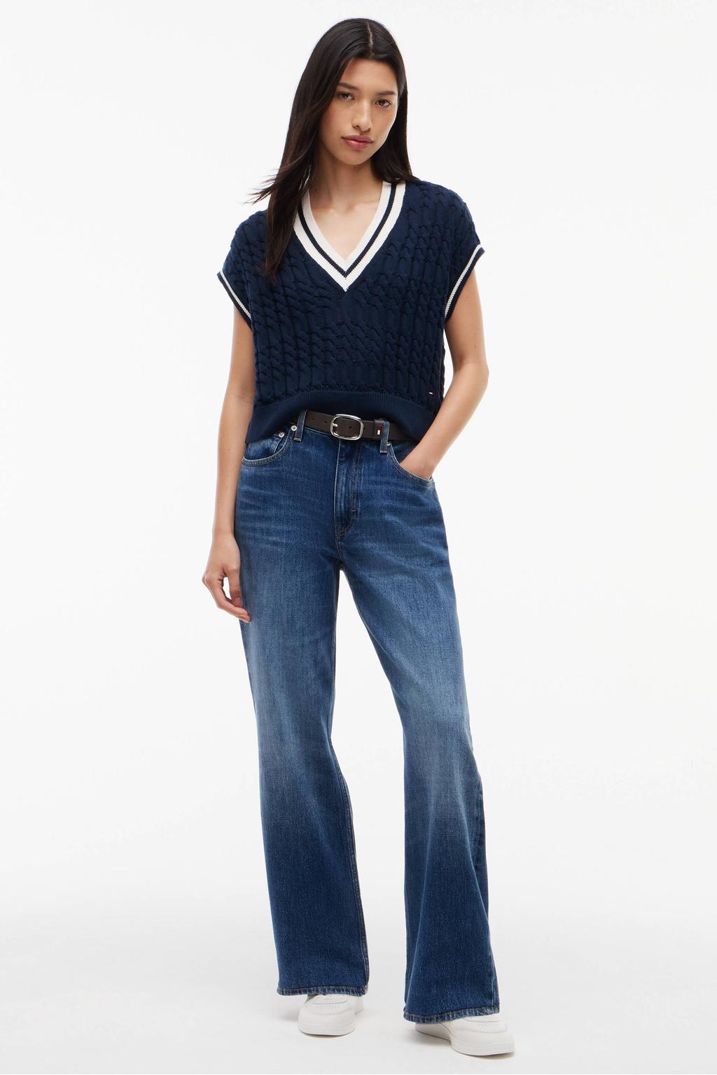 Marineblauw, marine en ecru dames Tommy Jeans gebreide top blauw met effen, korte mouwen, V-hals en contrast bies