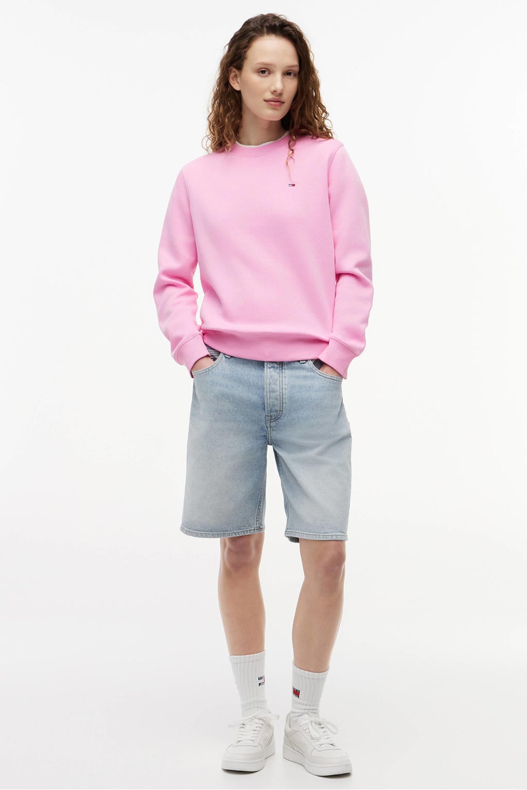 Roze dames Tommy Jeans sweater van katoen met effen, lange mouwen en ronde hals