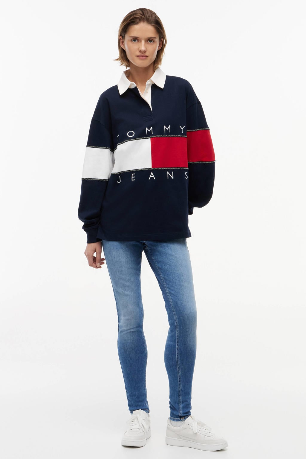 Marineblauw, marine en rode dames Tommy Jeans sweater blauw van katoen met logo dessin, lange mouwen en klassieke kraag