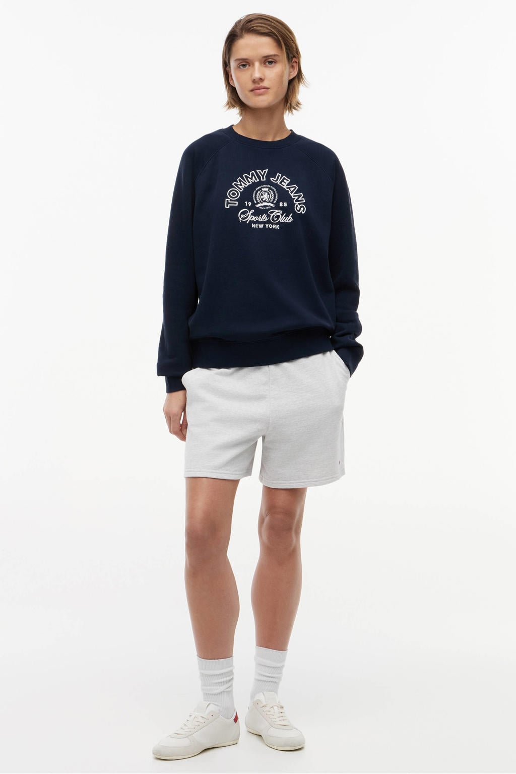 Marineblauw dames Tommy Jeans sweater blauw van katoen met effen, lange mouwen en ronde hals