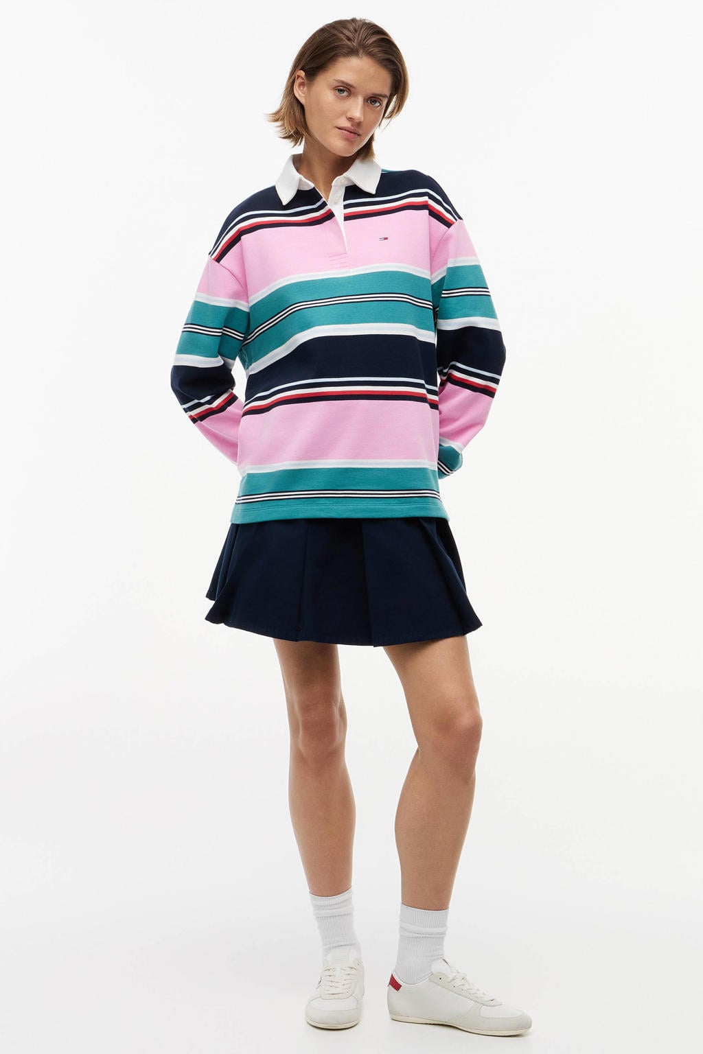 Marineblauw, marine en roze dames Tommy Jeans gestreepte sweater blauw van katoen met lange mouwen, klassieke kraag en knoopsluiting