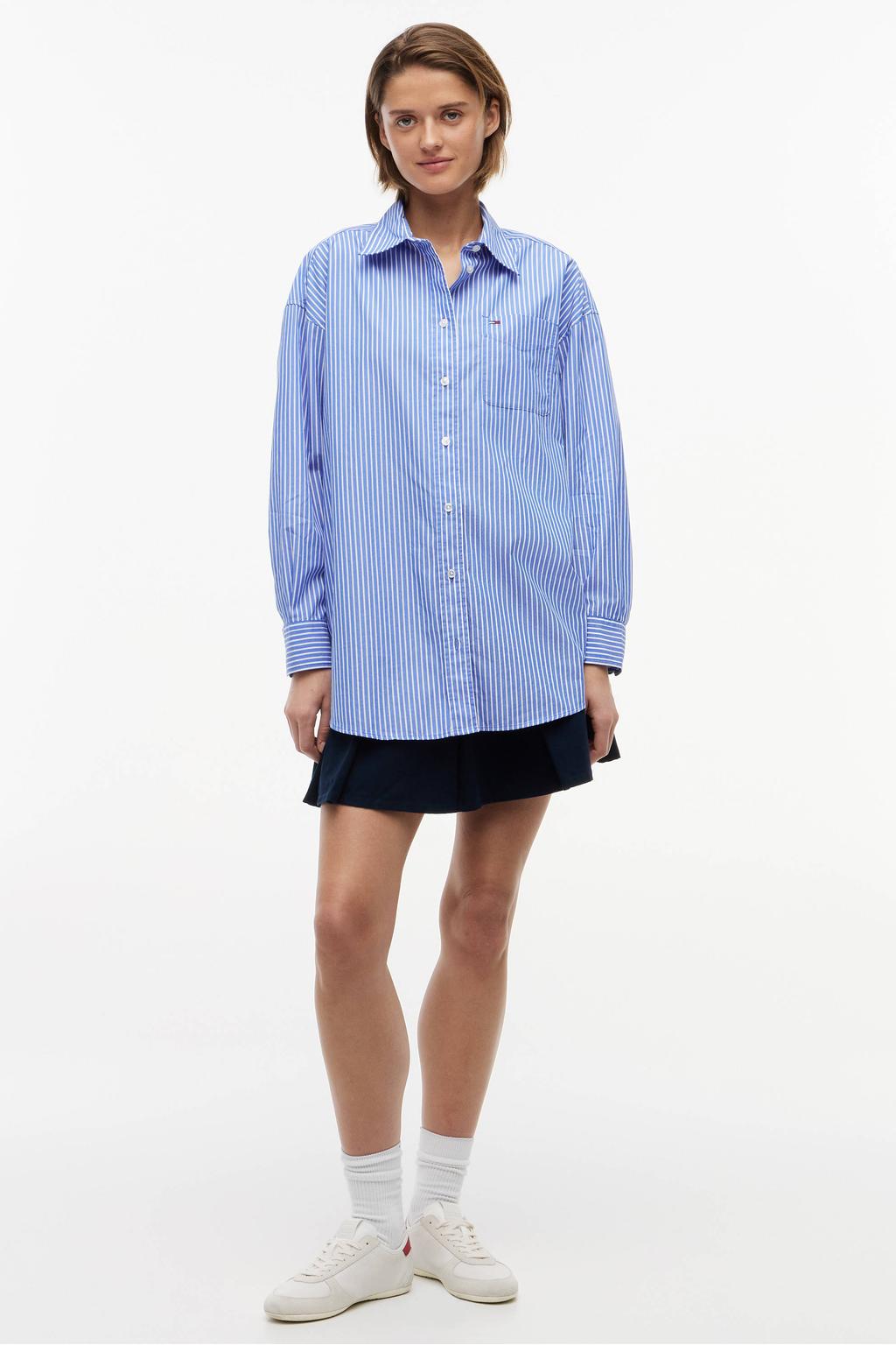 Blauw en witte dames Tommy Jeans katoenen blouse met lange mouwen, klassieke kraag en knoopsluiting