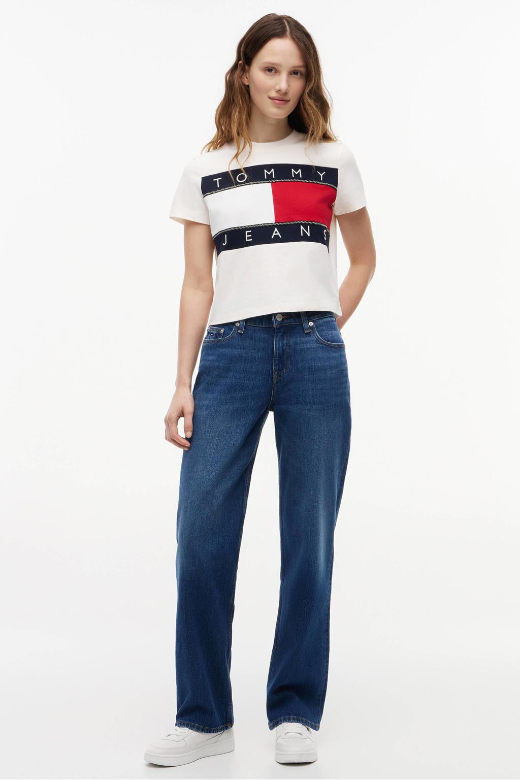 Witte dames Tommy Jeans T-shirt van katoen met logo dessin, korte mouwen en ronde hals