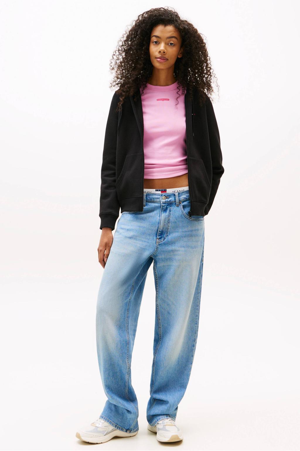 Zwarte dames Tommy Jeans sweatvest van katoen met effen, lange mouwen, capuchon en ritssluiting