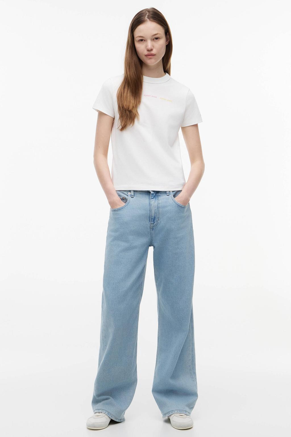 Ecru dames Tommy Jeans T-shirt van katoen met printopdruk, korte mouwen en ronde hals