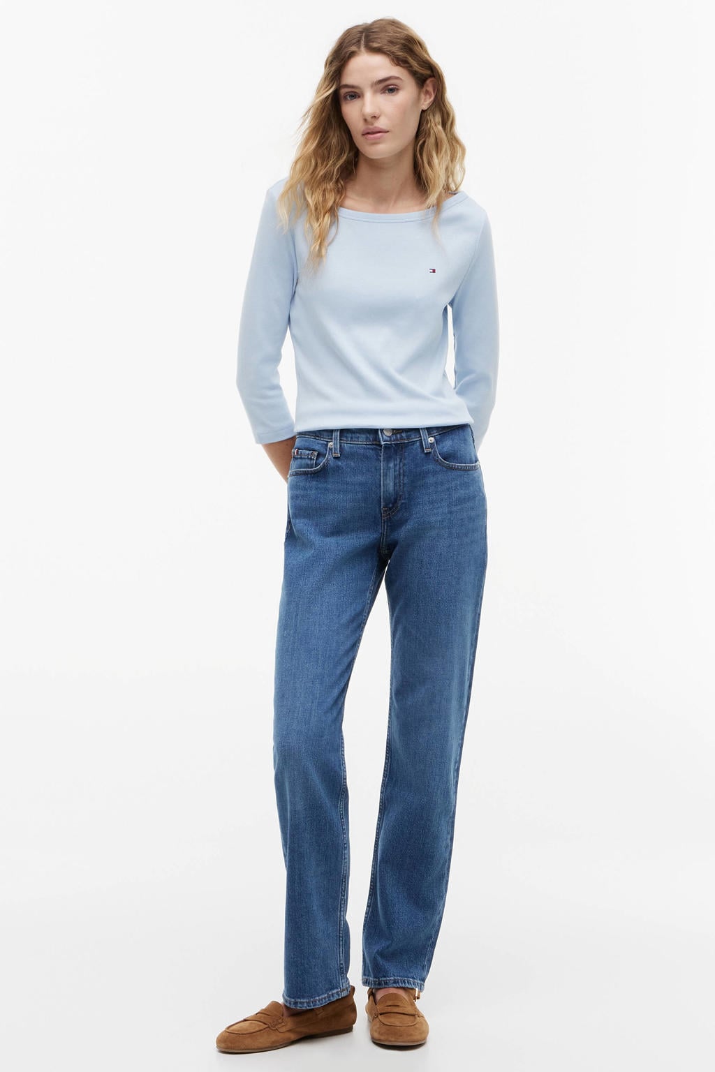 Blauwe dames Tommy Hilfiger top met effen, driekwart mouwen en boothals