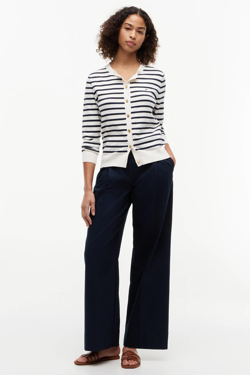 Ecru en marineblauwe dames Tommy Hilfiger gebreide gestreepte vest van katoen met lange mouwen, ronde hals en knoopsluiting