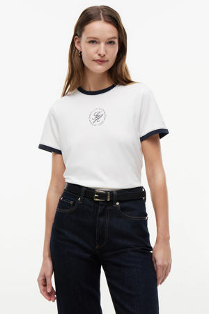 T-shirt met contrast bies en print - ecru