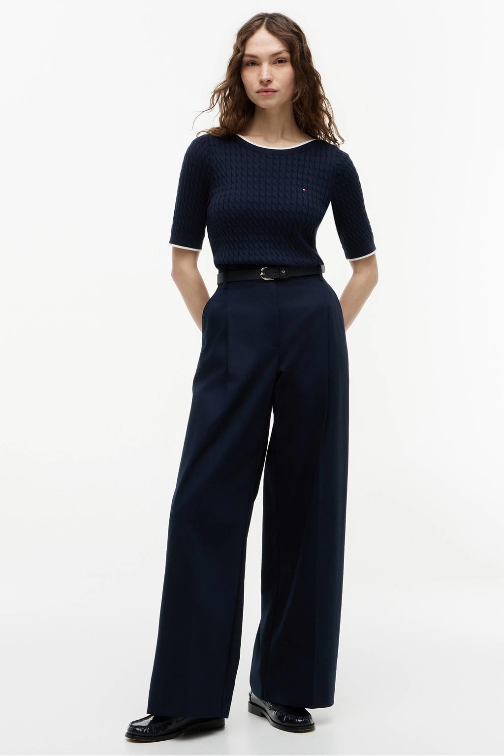 Marineblauw, marine en witte dames Tommy Hilfiger top blauw met effen, korte mouwen en ronde hals