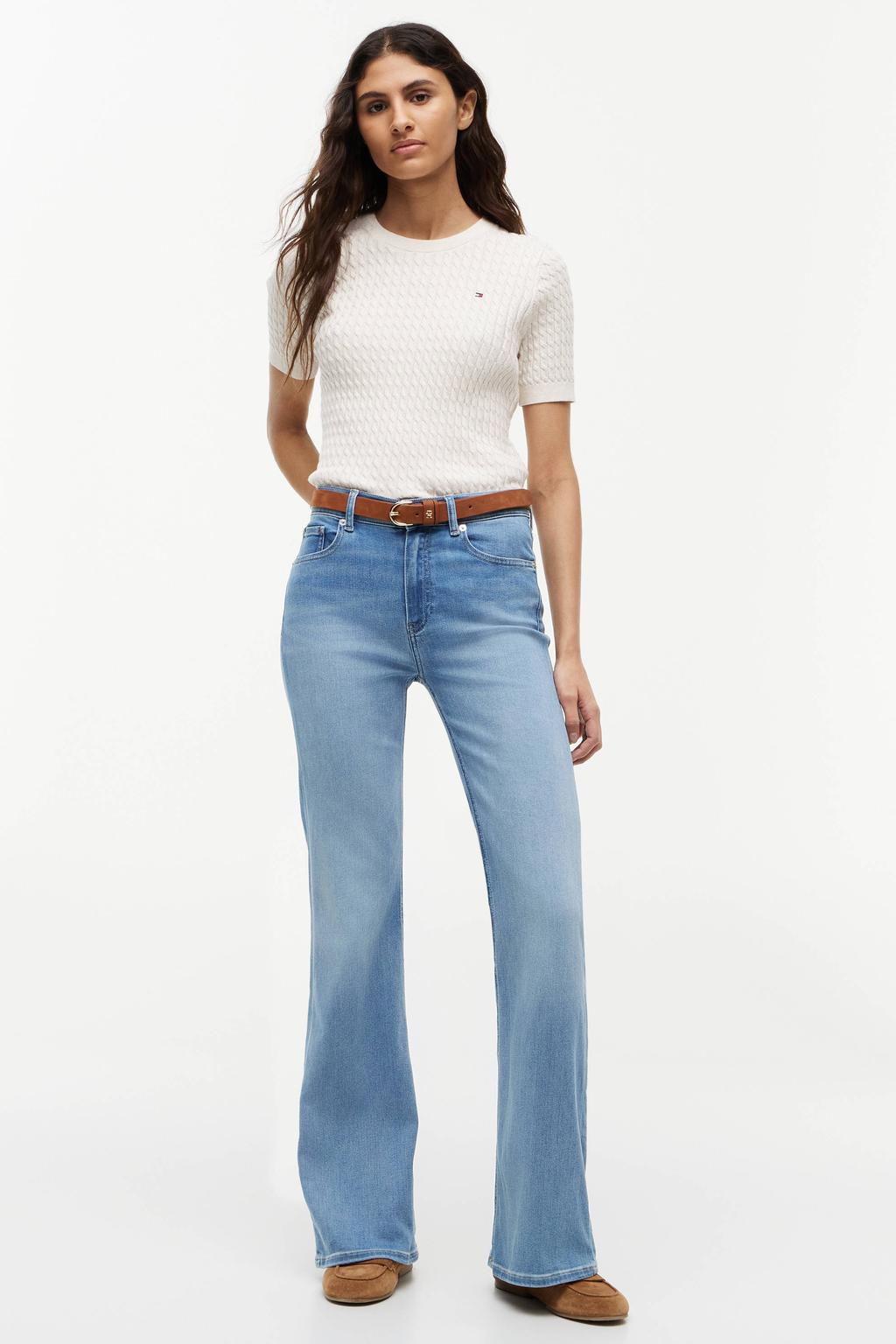 Light blue denim dames Tommy Hilfiger high waist flared jeans van katoen met rits- en knoopsluiting en effen