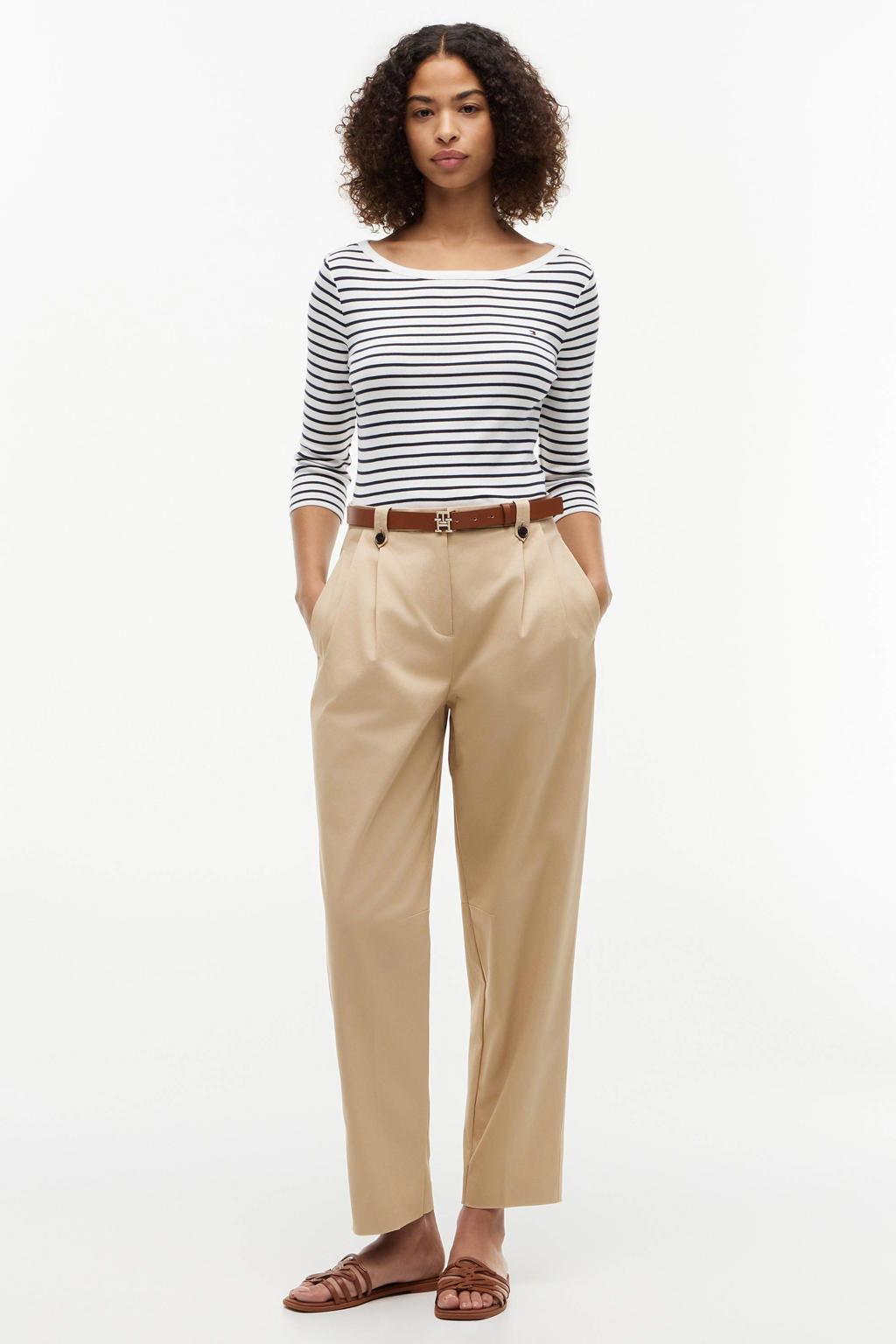 Ecru en marineblauwe dames Tommy Hilfiger gestreepte top met driekwart mouwen en boothals