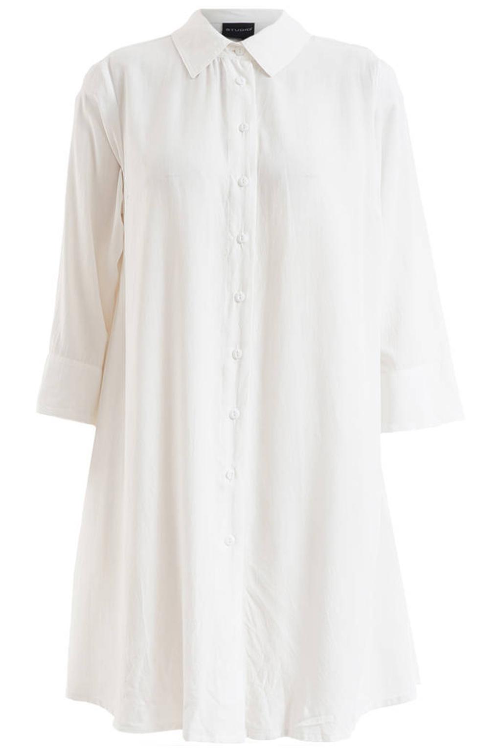 Ecru dames STUDIO tuniek van viscose met effen, lange mouwen, klassieke kraag en knoopsluiting