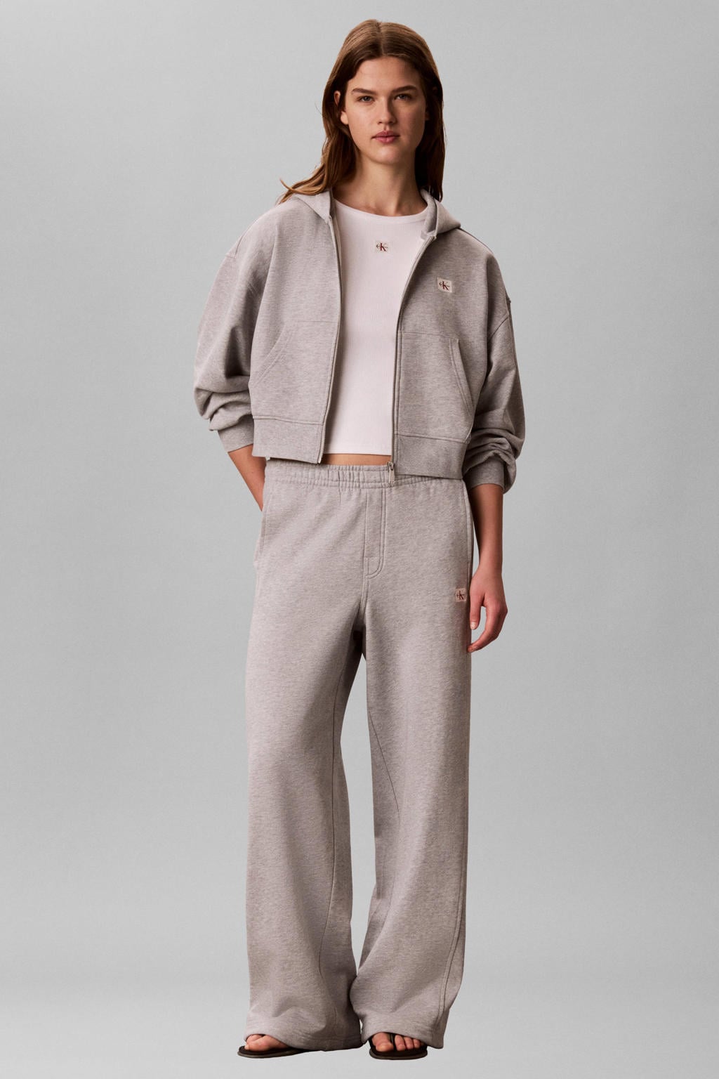 Grijze dames CALVIN KLEIN JEANS wide leg broek van katoen met low waist en effen