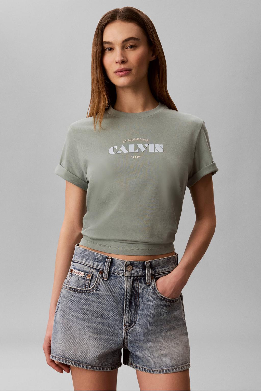 Kakikleurige dames CALVIN KLEIN JEANS T-shirt van katoen met tekst print, korte mouwen en ronde hals