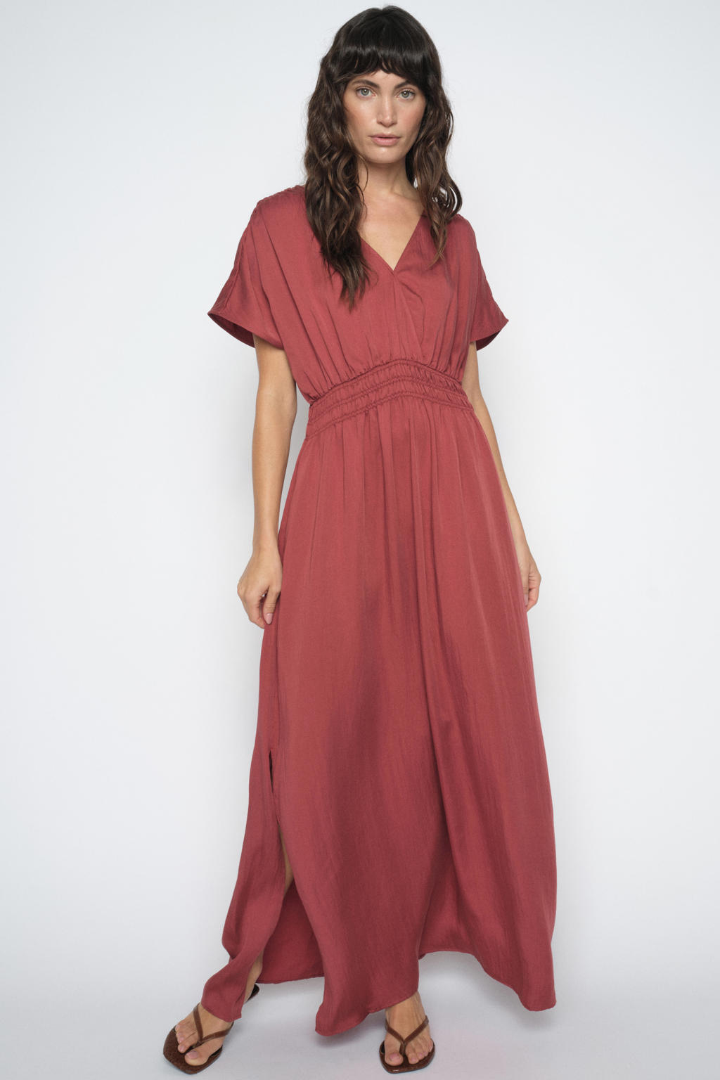 Oudroze dames Mos Mosh midi jurk van lyocell met effen, korte mouwen en V-hals