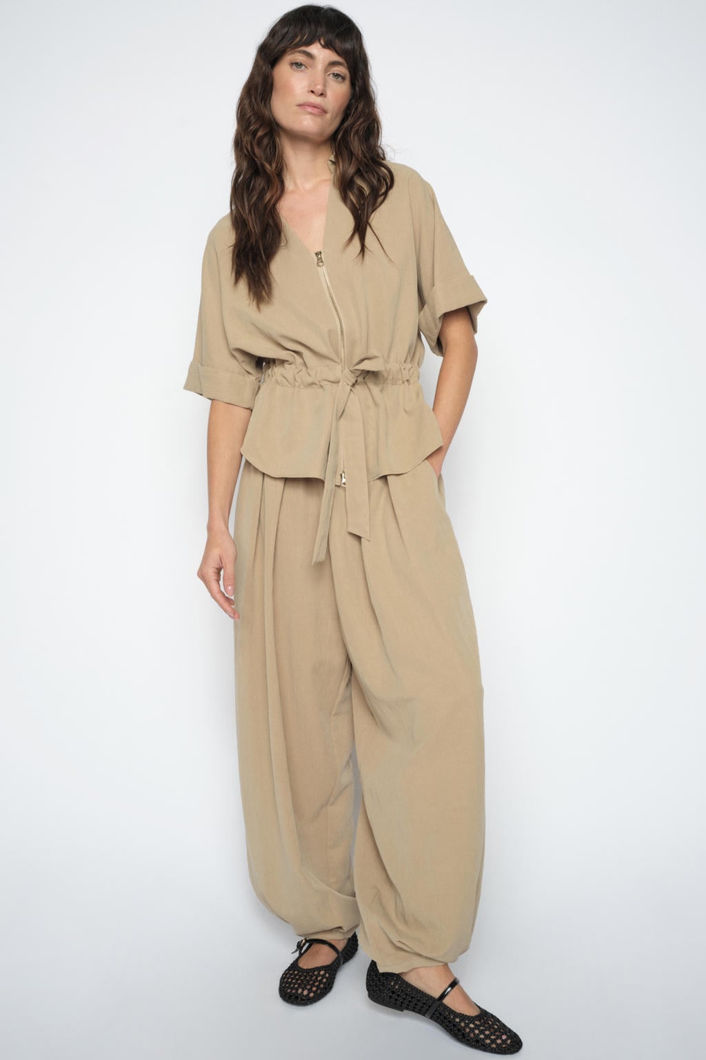 Camelkleurige dames Mos Mosh barrel high waist broek met elastische tailleband en effen