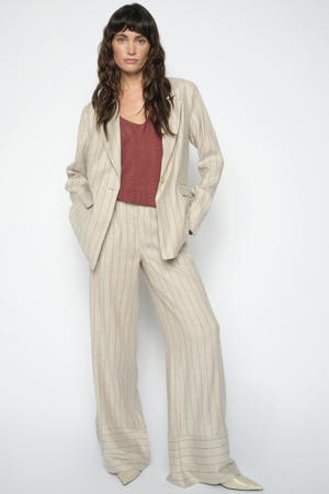 wide leg regular waist gestreepte broek met linnen beige