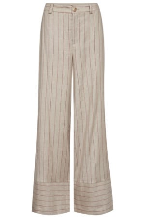wide leg regular waist gestreepte broek met linnen beige