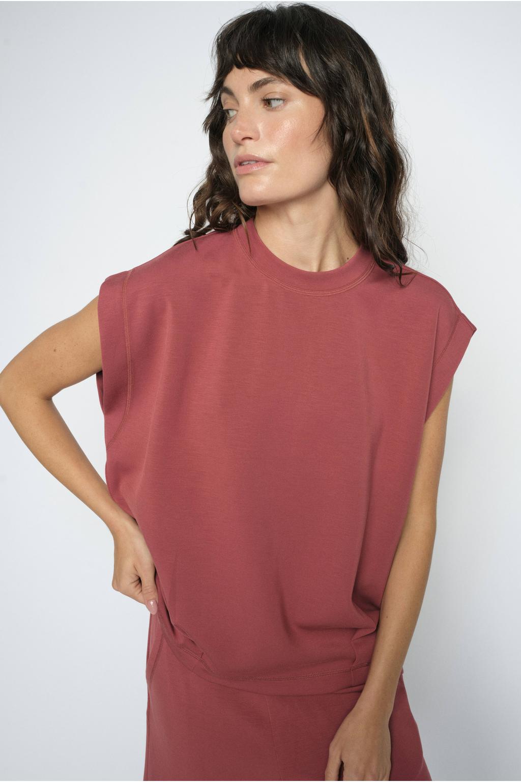 Koraalrode dames Mos Mosh pullover met effen, lange mouwen en ronde hals
