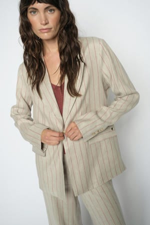 gestreepte regular blazer met linnen beige