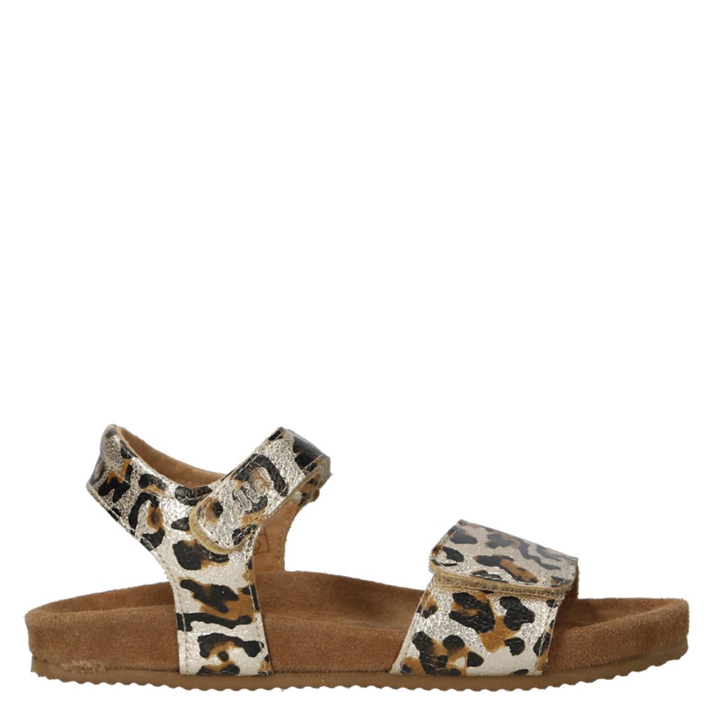 Champagne en bruine meisjes Clic! leren sandalen met klittenband en panterprint