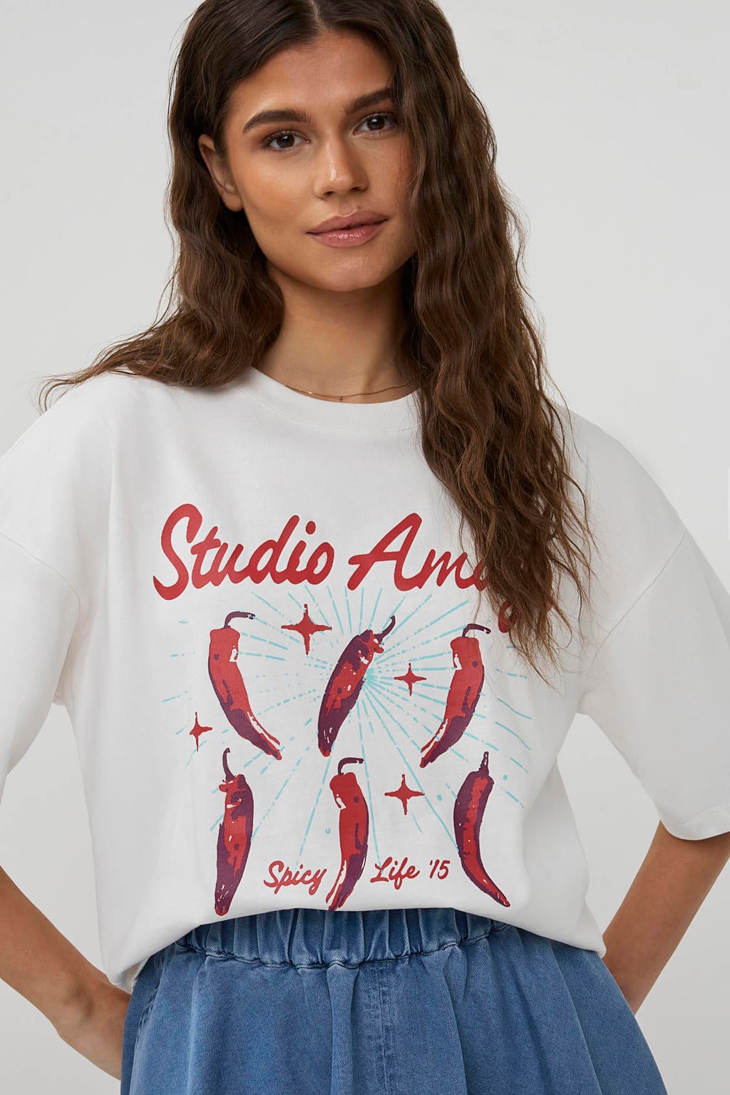 Witte dames Studio AMAYA T-shirt van katoen met printopdruk, driekwart mouwen en ronde hals