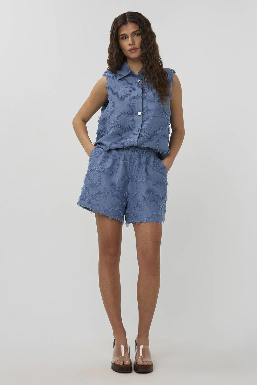Blauwe dames Studio AMAYA blouse van polyester met effen, klassieke kraag, knoopsluiting en schoudervulling