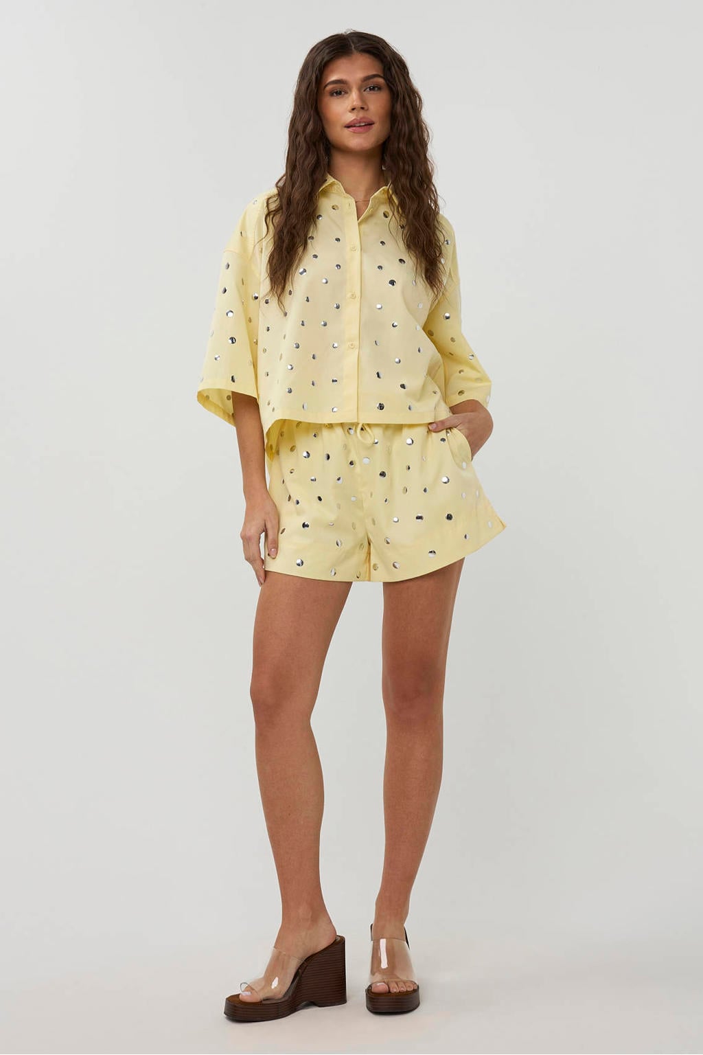 Lichtgele dames Studio AMAYA blouse van katoen met effen, half lange mouwen, klassieke kraag, knoopsluiting en studs