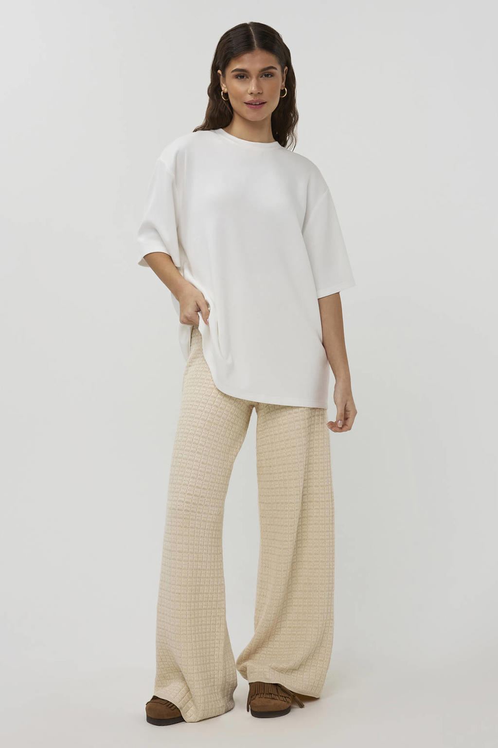 Witte dames Studio AMAYA T-shirt van polyester met effen, korte mouwen en ronde hals