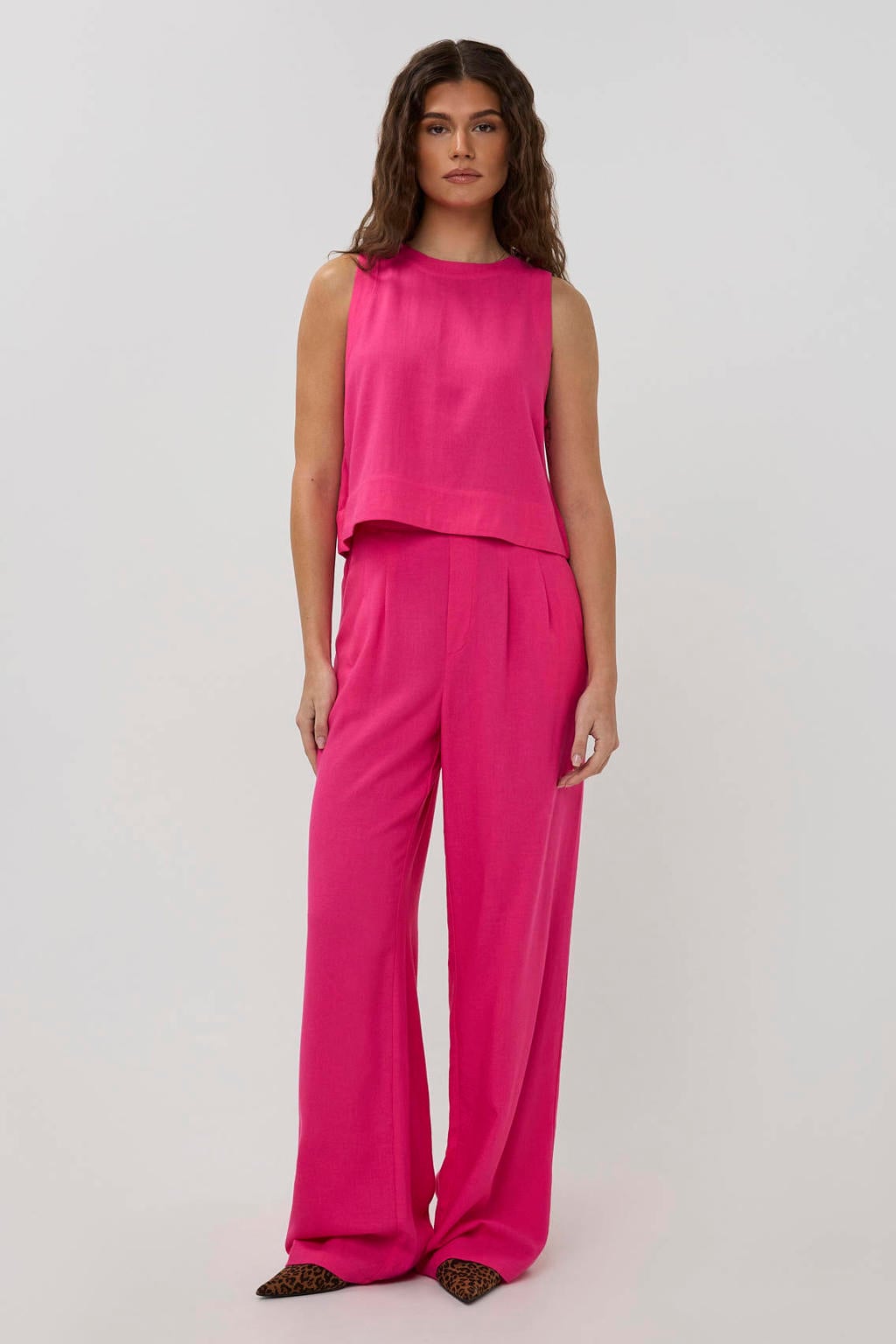 Roze dames Studio AMAYA straight high waist broek van linnen met elastische tailleband en effen