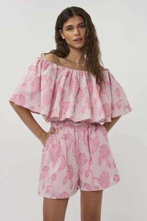 high waist gestreepte casual short roze